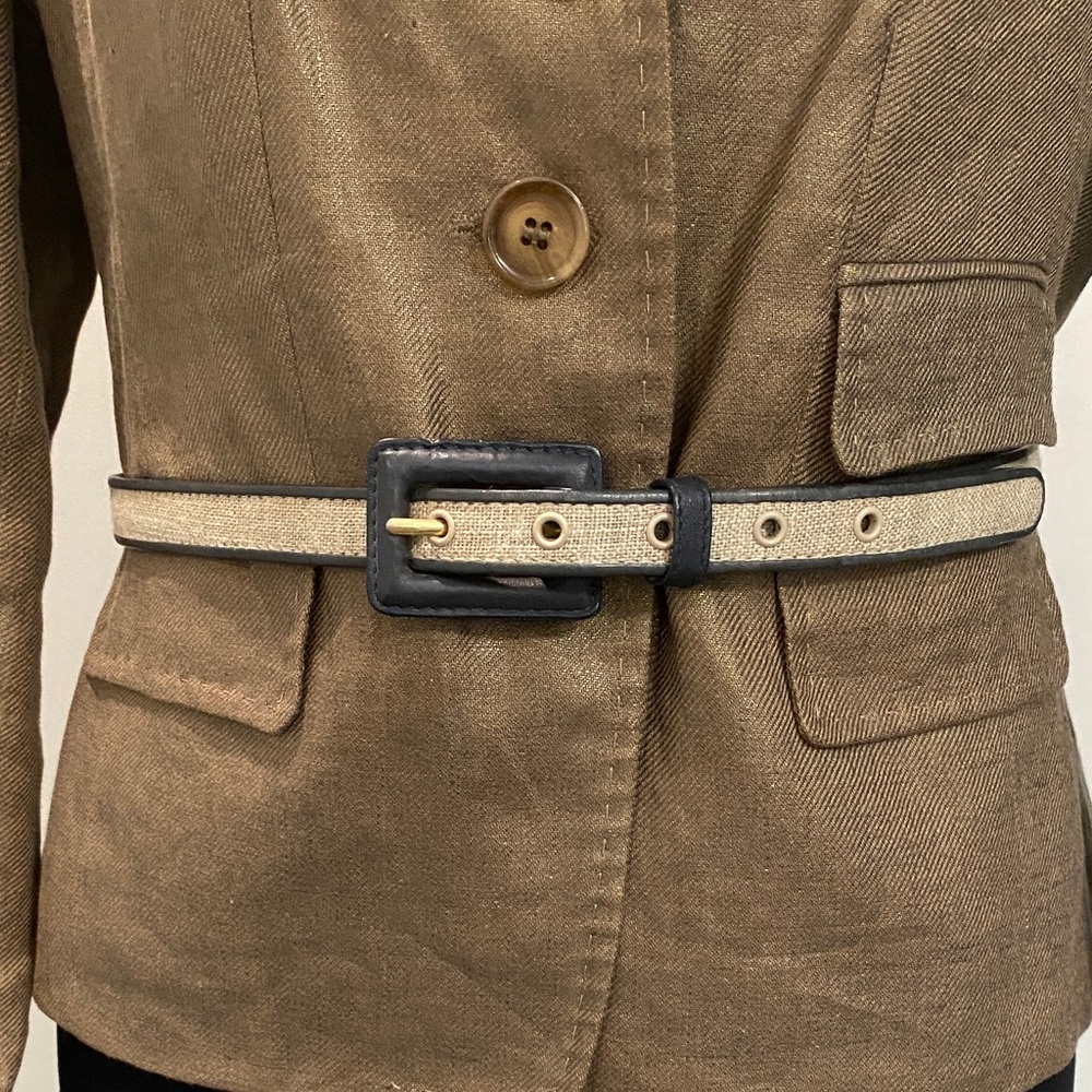 Talbots Leather Linen Belt Blue & Cream Size Large Adjustable